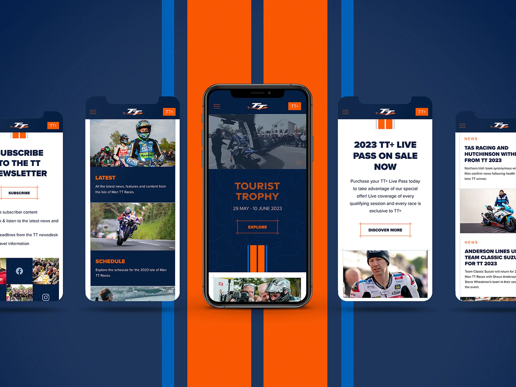 Five smartphone screens showing key pages of the Isle of Man TT Races website iomttraces.com built by DotPerformance, including the newsletter sign-up, latest news, Tourist Trophy homepage, TT+ Live Pass, and news section